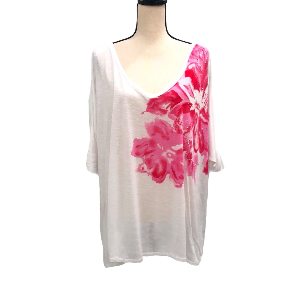 INC INTERNATIONAL CONCEPTS WHITE W/PINK FLORAL & STUDS DOLMAN V NECK SHIRT